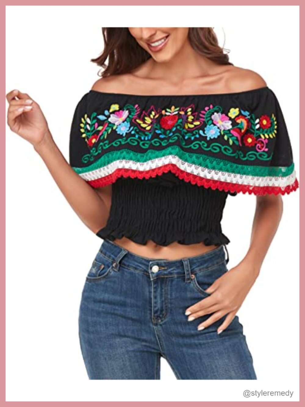Women Cotton Embroidered Off-Shoulder Peasant Top Smocked Waist